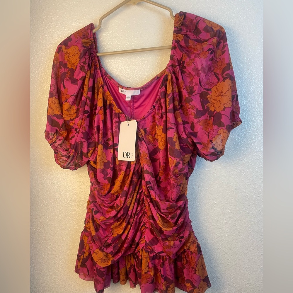 Anthropologie DR2 Woven Boho Top Peasant Blouse Tunic Short Sleeve Medium New